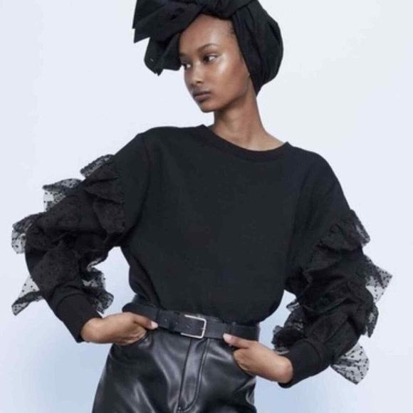 Zara Sweaters - NWT Zara Black Sweatshirt Ruffled Sleeves Size S